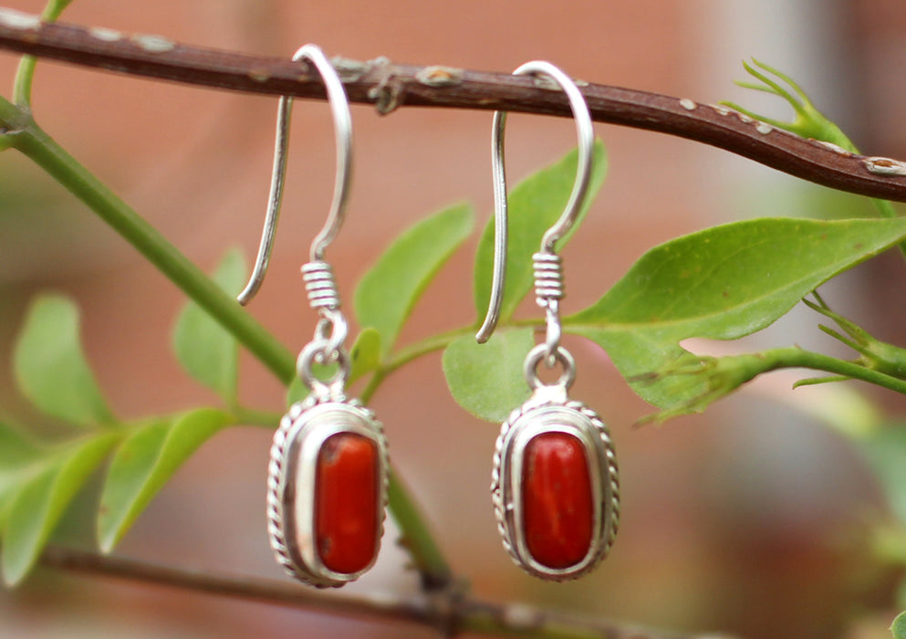 Fine Carving Coral Inlaid Silver Earrings - nepacrafts