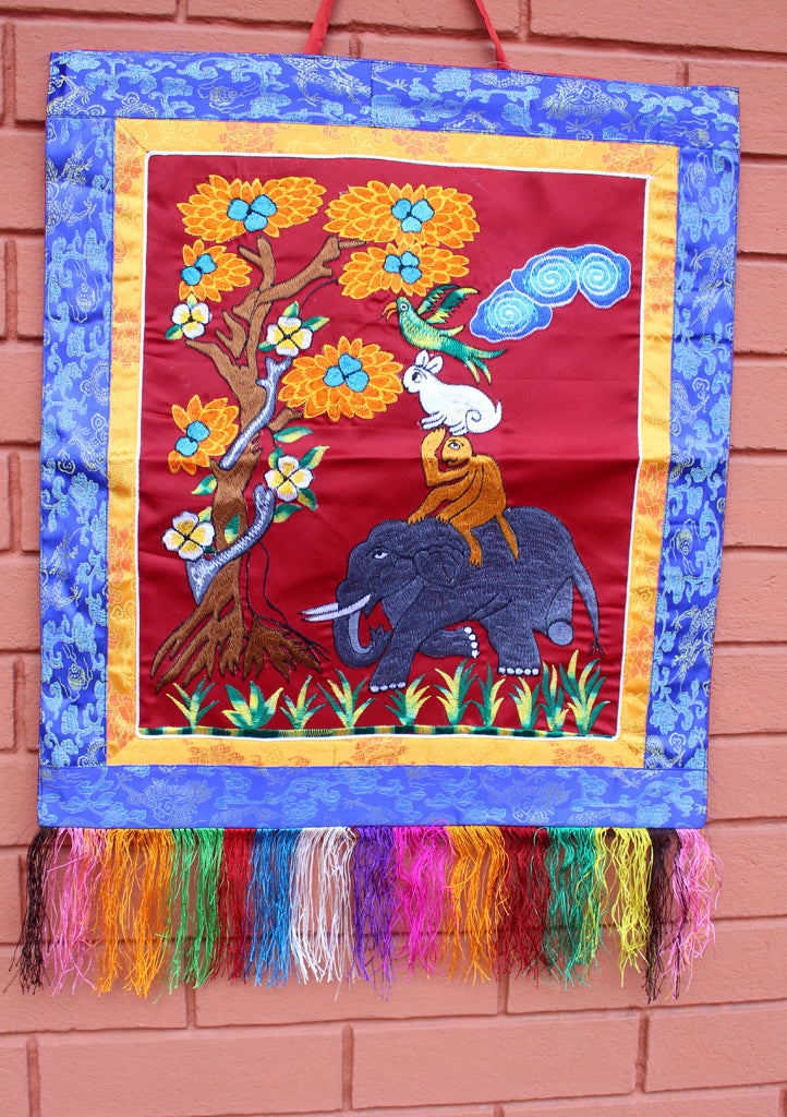 Four Harmonious Friends Embroidered Brocade Framed Wall Hanging - nepacrafts