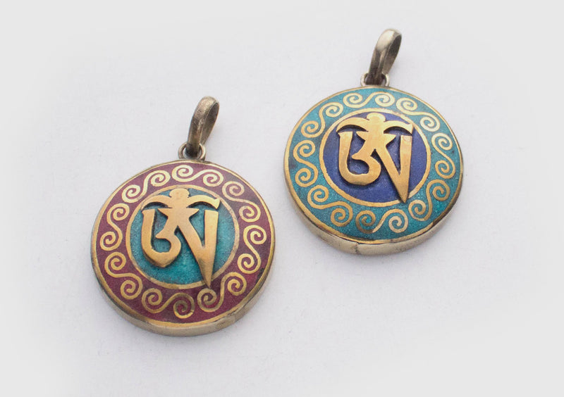Tibetan Symbol Embossed White Metal Pendant - nepacrafts