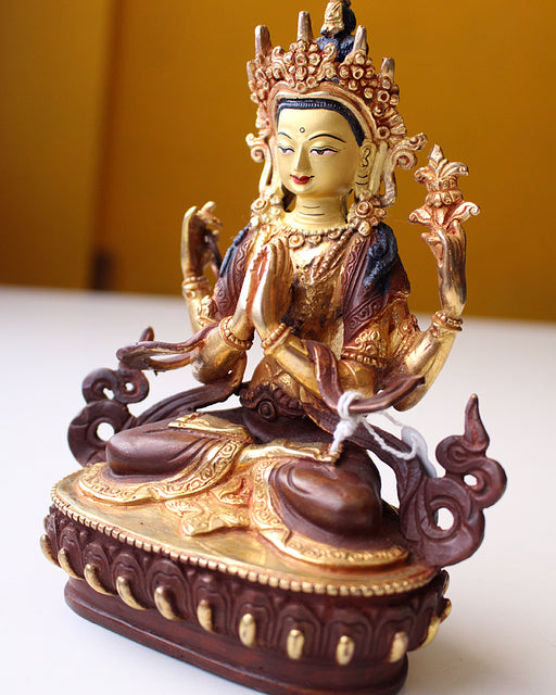 Gold Plated Om Mani Chenrezig Statue -Avalokiteshwora Tibetan Statue 6" - nepacrafts