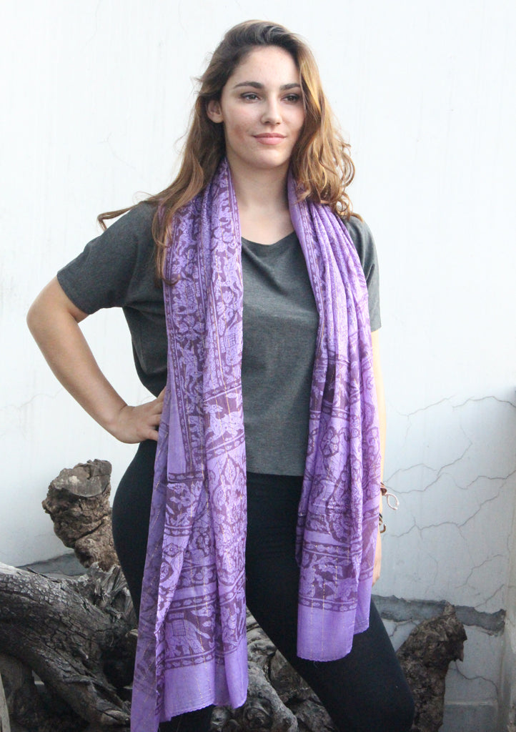 Purple Cotton Summer Scarf with Elephant and Deer Print From Nepal - nepacrafts