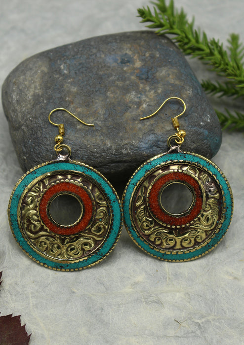 Handmade Round Turquoise and Coral Resin Inlaid Mirr Hook Earrings