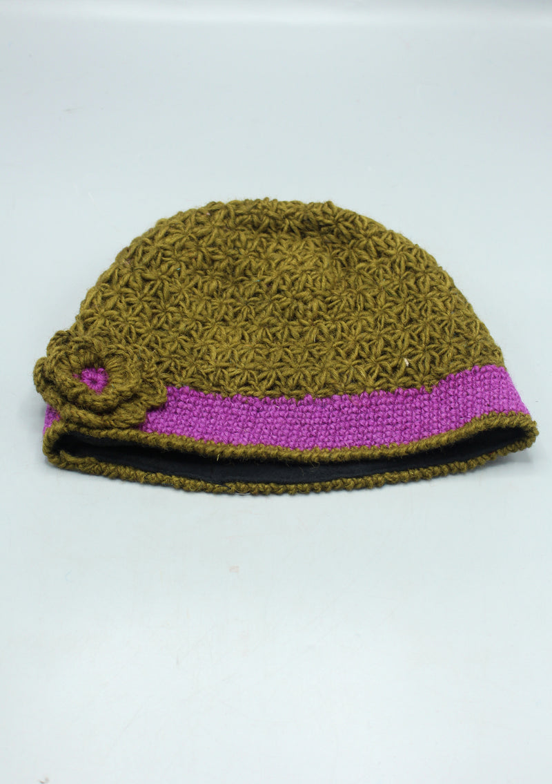 Purple Border Flower Attached Beige Warm & Soft Crocheted Woolen Beanie