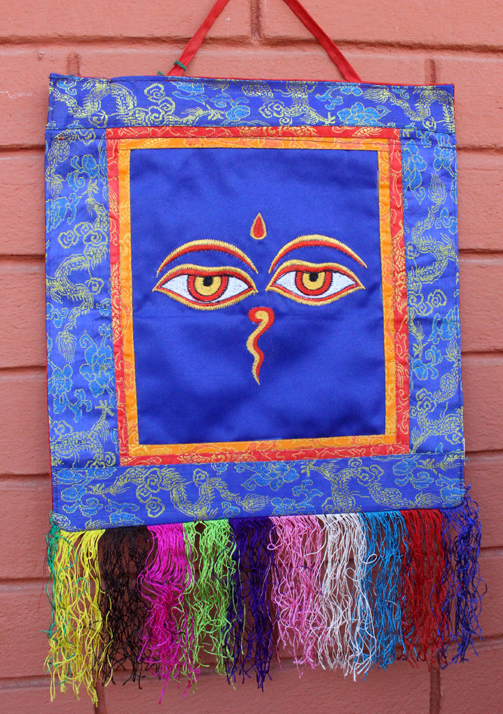Buddha Eyes Embroidery Brocade Framed Wall Hanging - nepacrafts