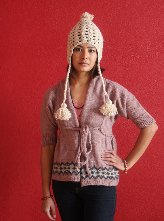 Knit Wool Crocheted Cream Sherpa Cap with Ear Flaps WOC02 - nepacrafts