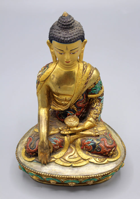 Hand Painted Dragon Carving Shakyamuni Buddha Statue