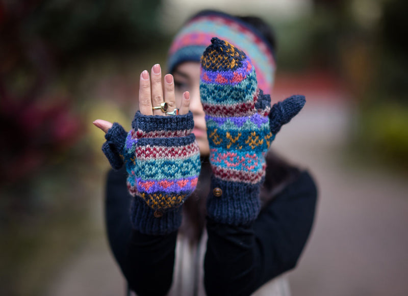 Dark Blue Pure Wool Convertible Mittens - nepacrafts