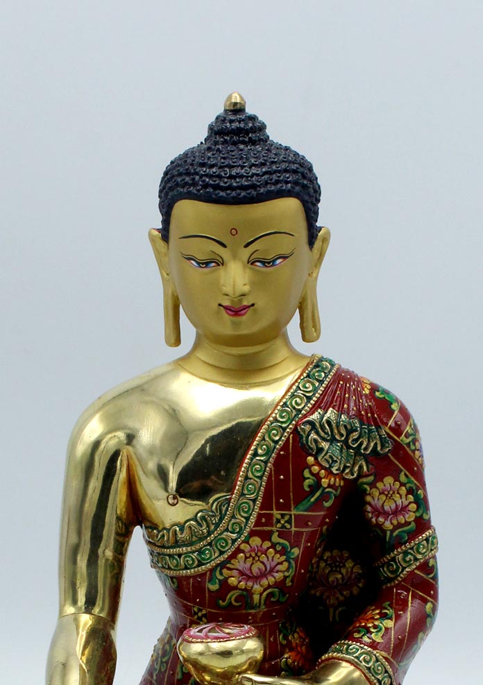 Intricately Hand Carved and Painted Gold Plated Shakyamuni Buddha Statue 11 Inch