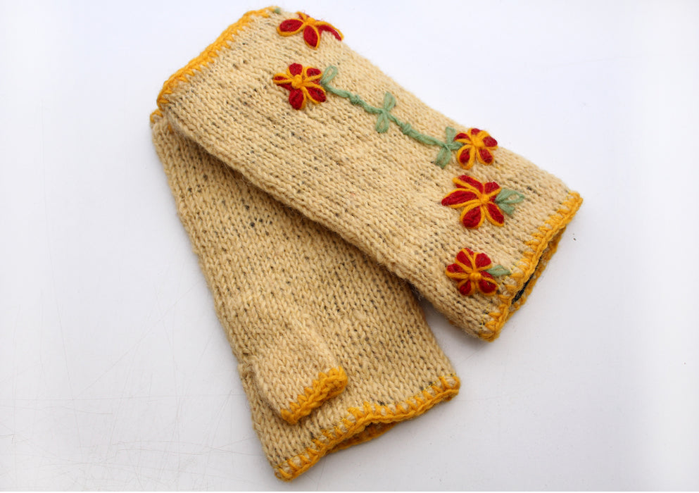 Yellow Color with Red Flower Patchwork Finger less Gloves /Hand Warmers - nepacrafts