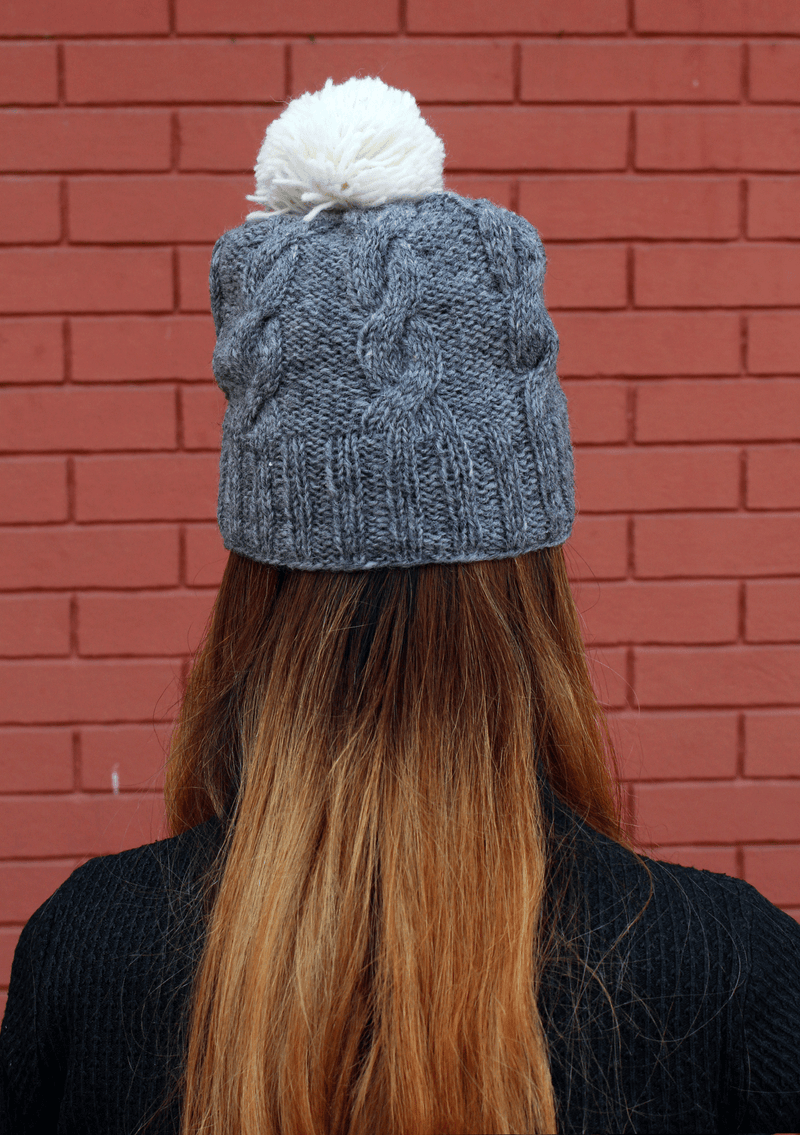 Nepalese Pure Wool Grey Sherpa Pom Pom Cap with Inner Fleece
