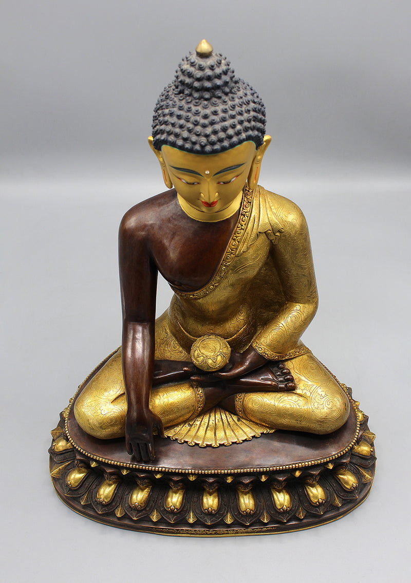 Partly Gold Plated Shakyamuni Buddha Statue in Monastic Robe With Floral Motifs