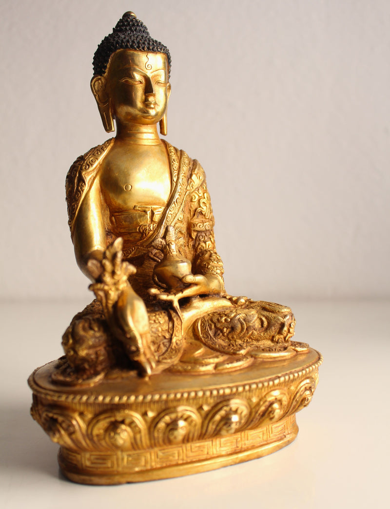 Fully Gold Plated and Dragon Carved Menla Medicine Buddha Statue-8 inch High BST105 - nepacrafts