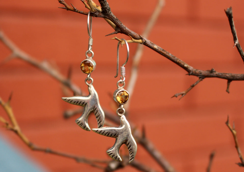 Dove Peace Bird Citrine Inlaid Silver Earrings - nepacrafts