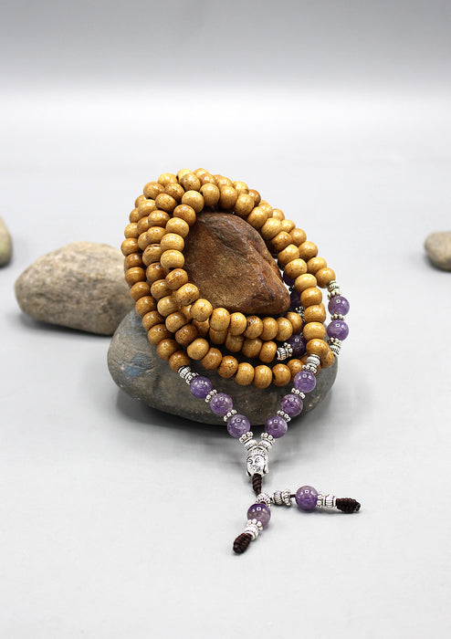 Yak Bone Mala With Amethyst Beads and Buddha Head