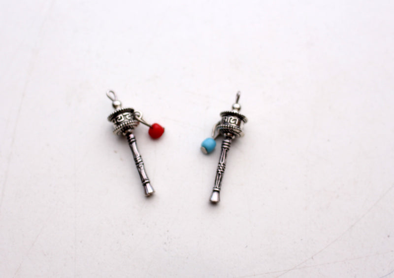 White Metal Om Mani Prayer Wheel Pendant - nepacrafts