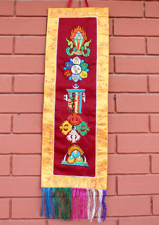 Tibetan Five Symbol Embroidered Polyester Wall Hanging Banner - nepacrafts