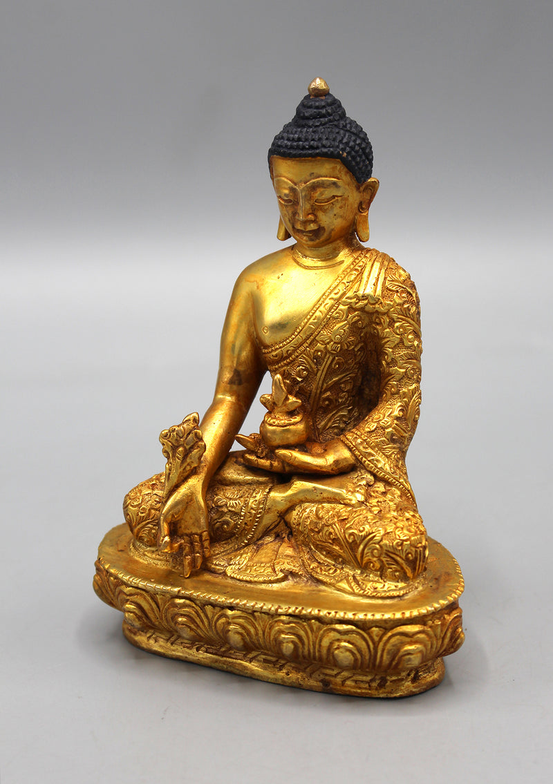 Fully Gold Plated Medicine Buddha Statue - Lotus, Flower carved