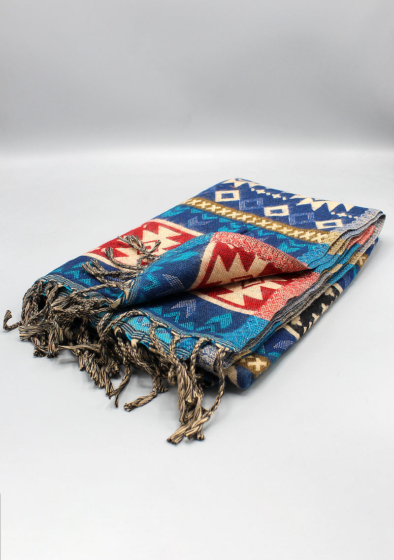 Diamond Pattern Blue Black Mixed Color Hand Loomed Yak Wool Shawl
