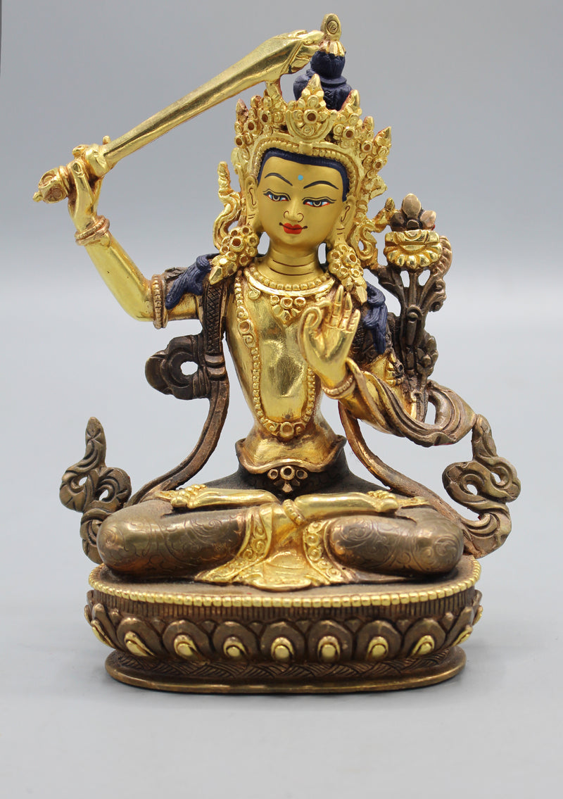 Exclusive Partly Gold Plated Copper Manjushree Statue 6"