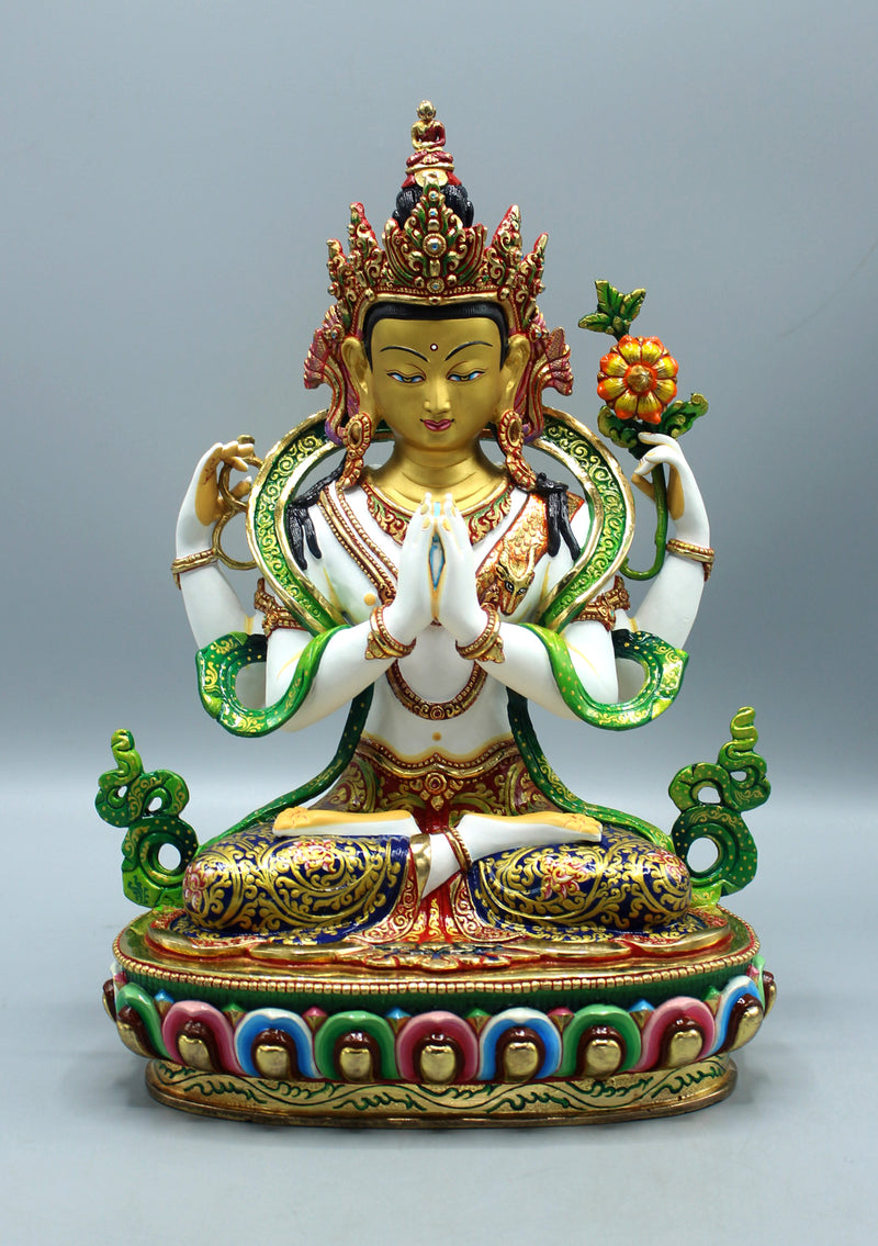 Masterpiece Gold Plated Four Armed Chenrezig Statue 13" High