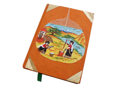 Two Women Working in Village Painted Lokta Paper Journal Book - nepacrafts