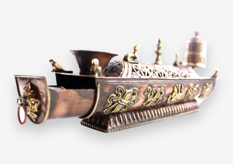 Copper Tibetan Symbolled Potala Incense Burner with Prayer Wheel - nepacrafts
