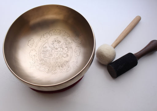 Green Tara with Cloud Carved Hand Hammered Singing Bowl 8" - nepacrafts