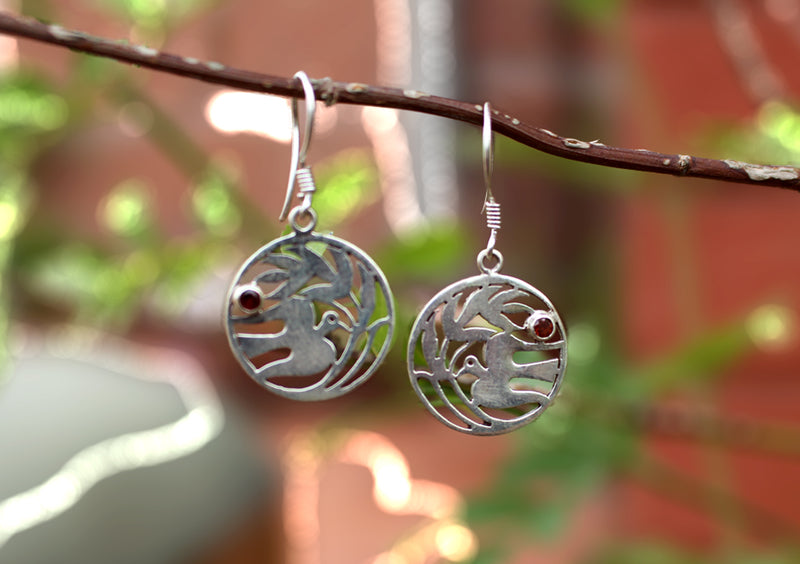 Charming Peace Bird in a Circle Silver Sterling Earrings - nepacrafts