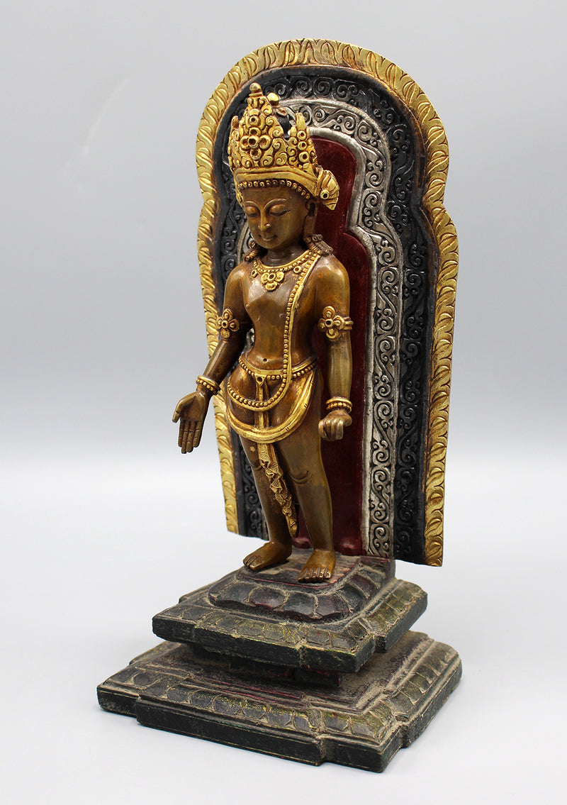 Gold Plated Copper Oxidized Lokeshwor Statue on Wooden Frame and Base