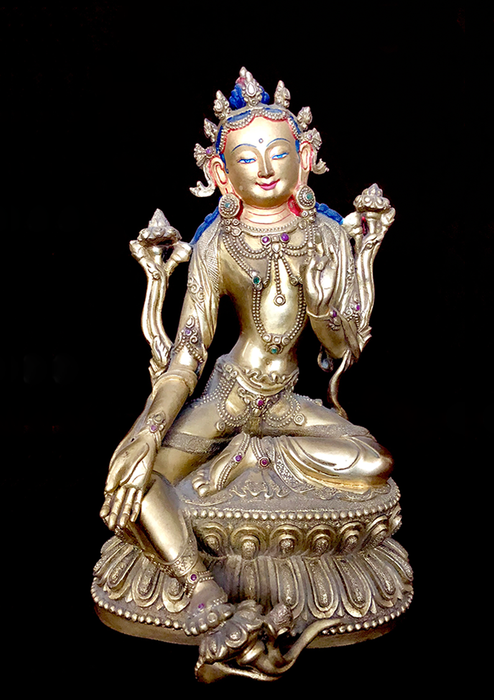Exclusive Face Painted Fully Gold Plated Green Tara Statue 7"
