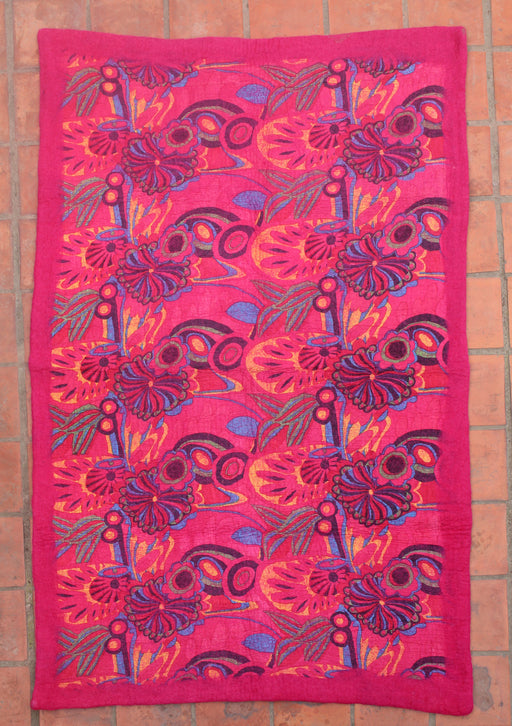 Bright Pink Felt Wool Flower Print Indoor Mat - nepacrafts