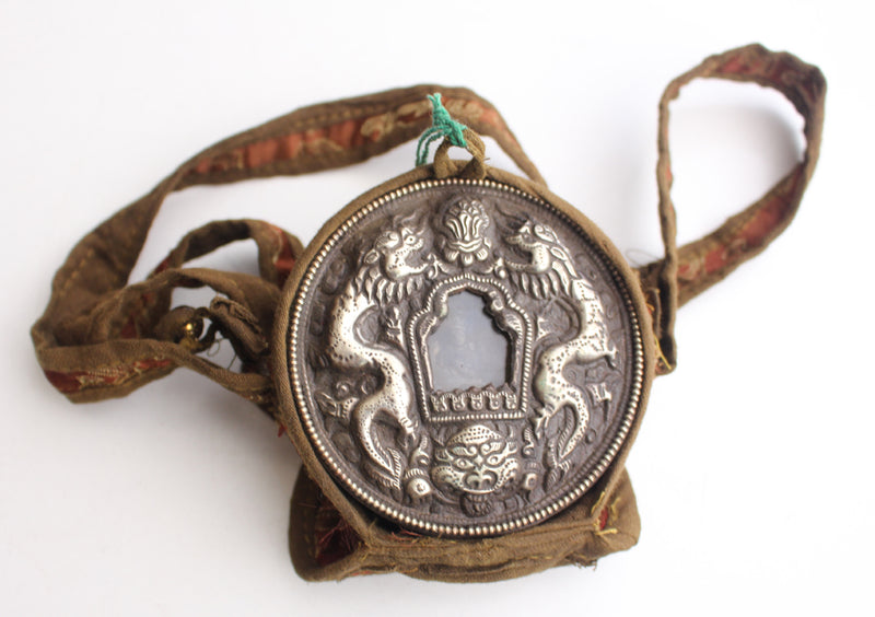 White Metal Dragon Carved Chenrezig Ghau Pendant with Cotton Cover - nepacrafts