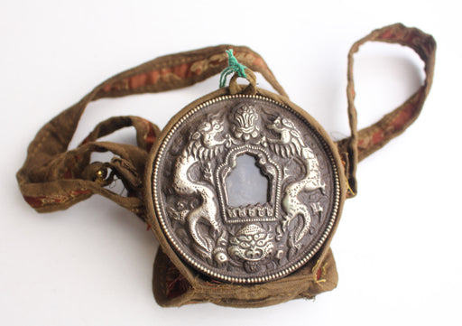 White Metal Dragon Carved Chenrezig Ghau Pendant with Cotton Cover - nepacrafts