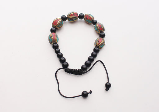 Black Beads Bracelet with Stone Setted Oval Charms Inlaid Faux Coral & Turquoise - nepacrafts