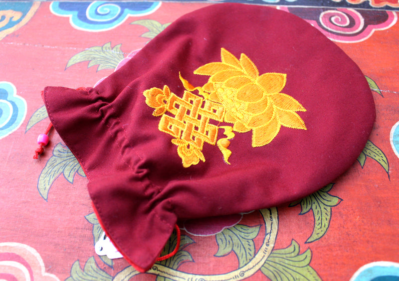 Endless Knot & Lotus Embroidered Mala Bag, Jewellery Pouch - nepacrafts