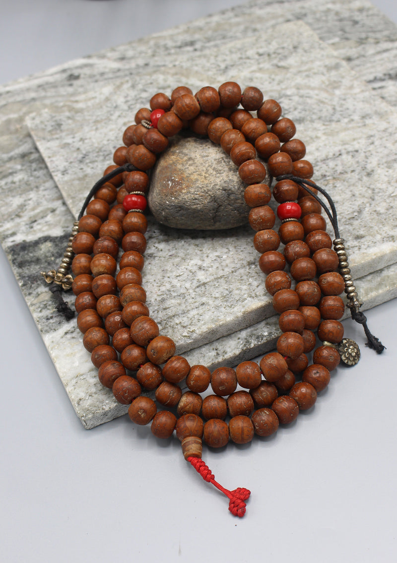 Tibetan Prayer Mala Bodhi Seeds with Coral Spacer
