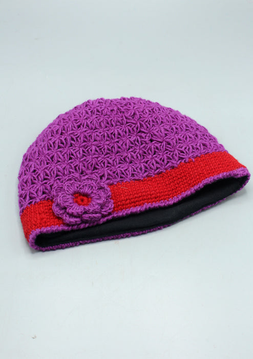 Red Border Flower Attached Purple Soft Crocheted Woolen Beanie