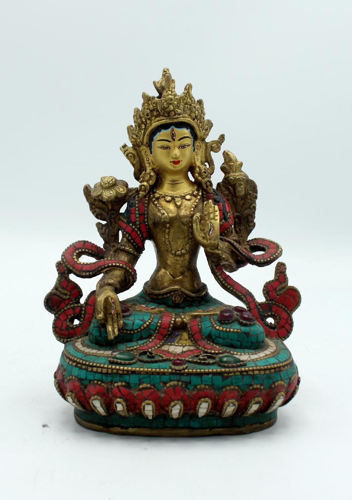 Antique White Tara Statue with Inlaid Turquoise 6 Inches