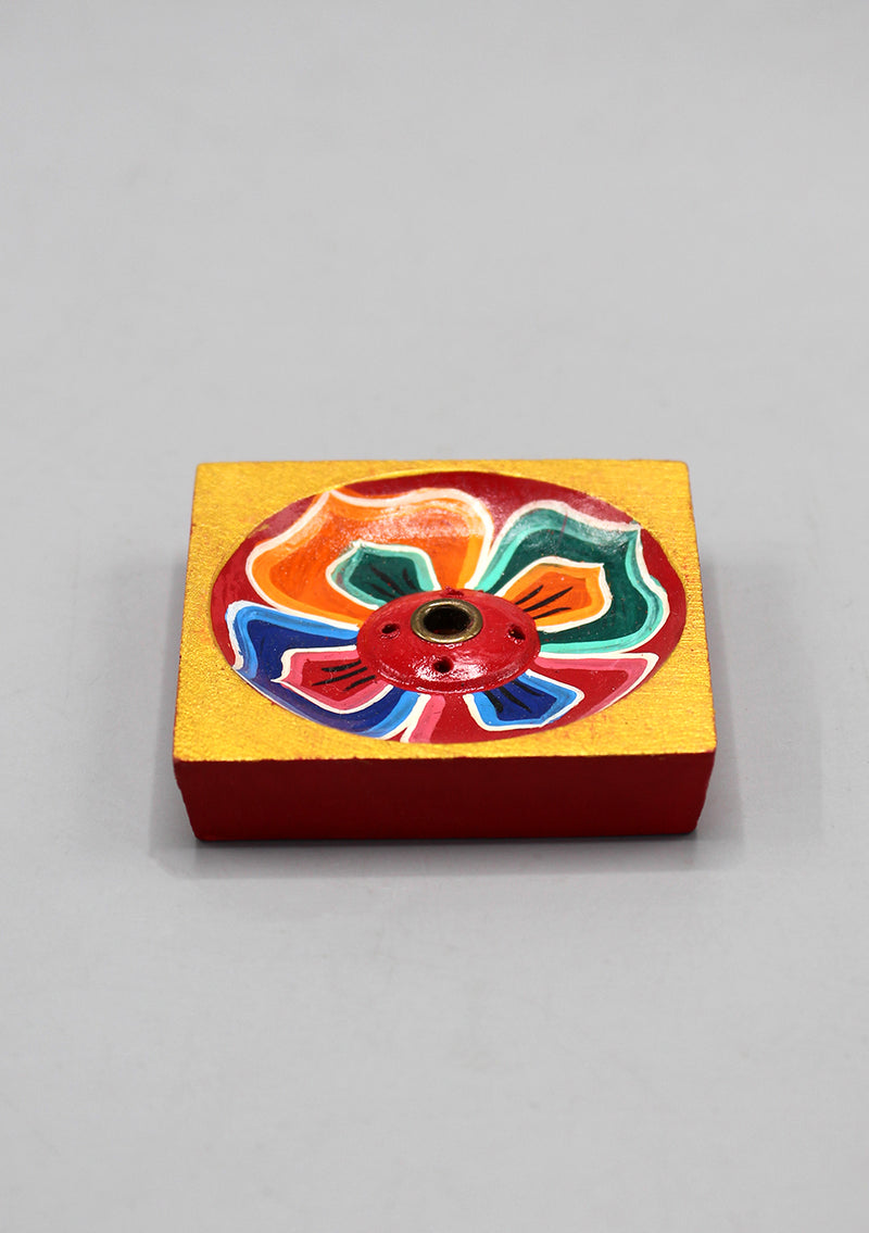 Square  Lotus Painted Tibetan Wooden Incense Holder