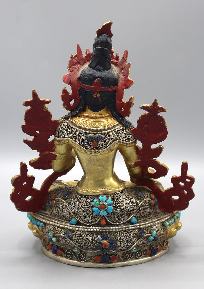 Gold Plated Eternal White Tara Statue with Silver Filigree and Turquoise