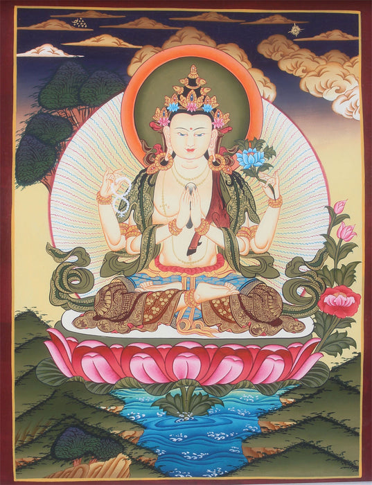 Four Armed Chenrezig Buddhist Thangka 45x35cm