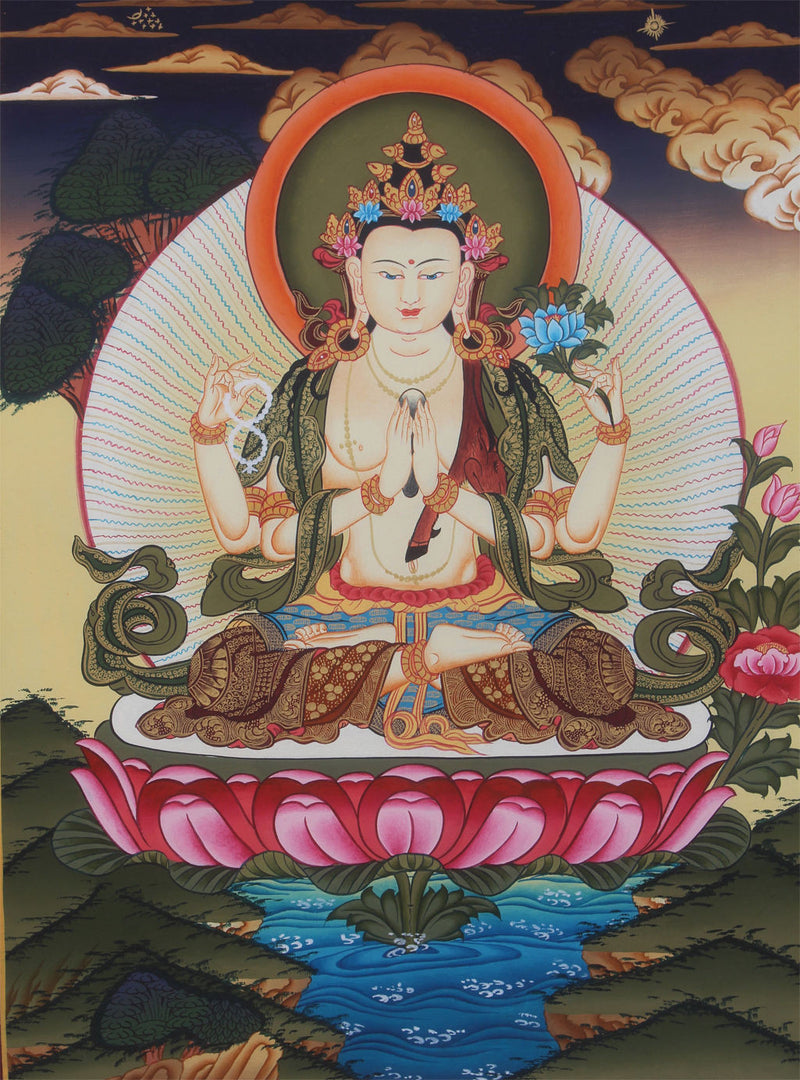 Four Armed Chenrezig Buddhist Thangka 45x35cm