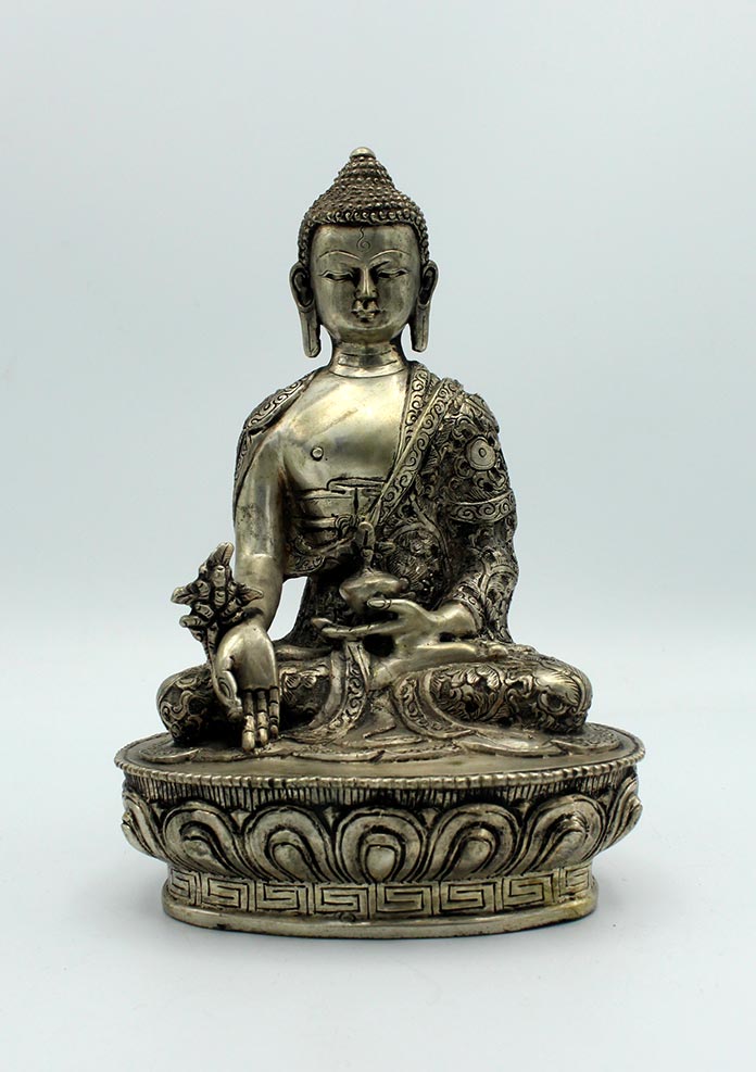 White Metal Floral Motif Carved Medicine Buddha Statue 8 Inches