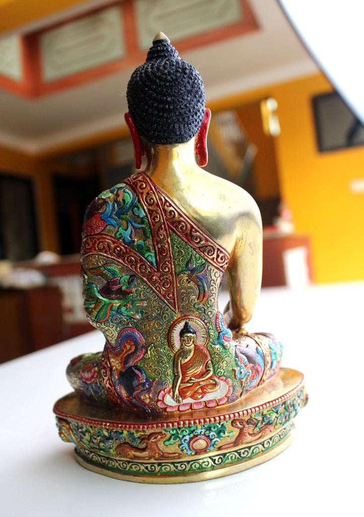 Gold Plated Dragon Carved Monastic Shakyamuni Buddha Statue 8.5" - nepacrafts