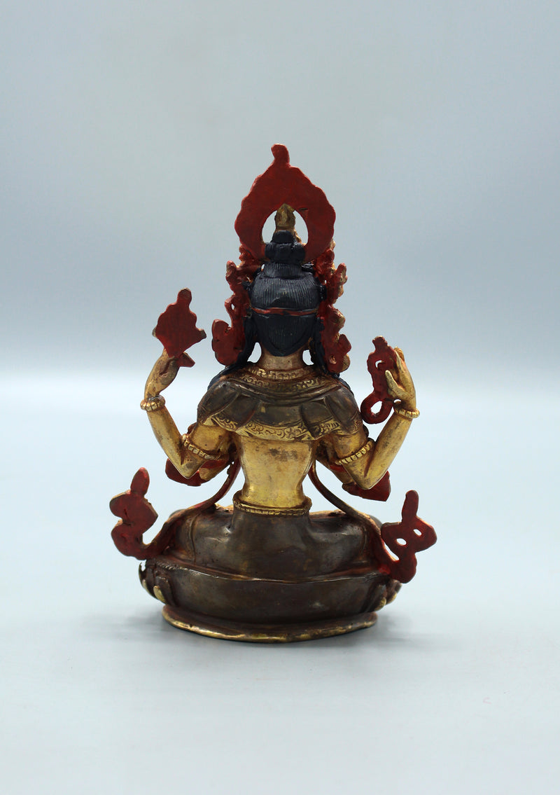 Partly Gold Plated Four Armed Chenrezig Statue 6.5"