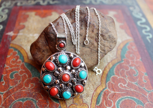Coral and Turquoise Decoration Flower Pendant - nepacrafts