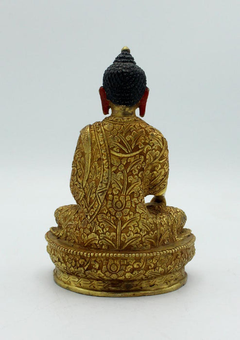 Gold Plated Shakyamuni Buddha Statue with Floral Motif Carving 6 Inch