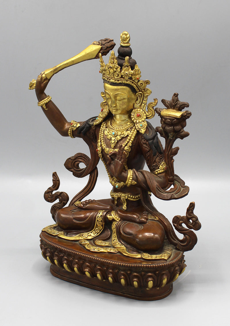 Partly Gold Painted Copper Tibetan Manjushree Statue