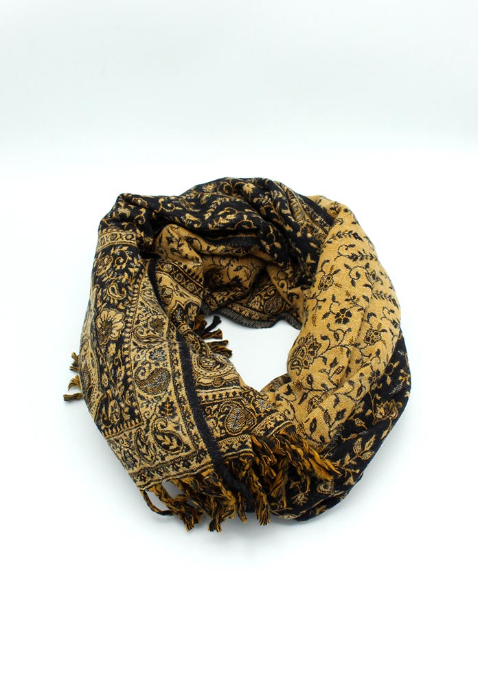 Hand Loomed Black Floral Pattern Print Yak Wool Shawl