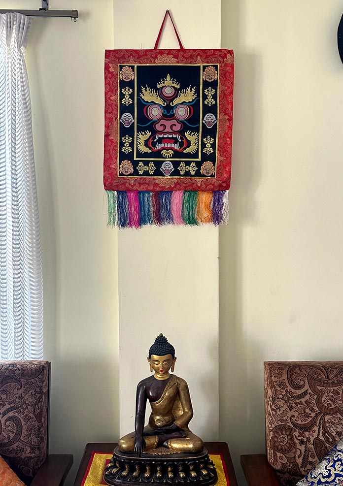 Mahakala Embroidered Black Wall Hanging Banner with Red Brocade